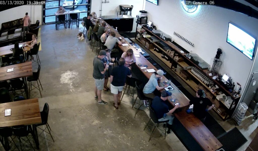 Security camera aerial view of restaurant tables.