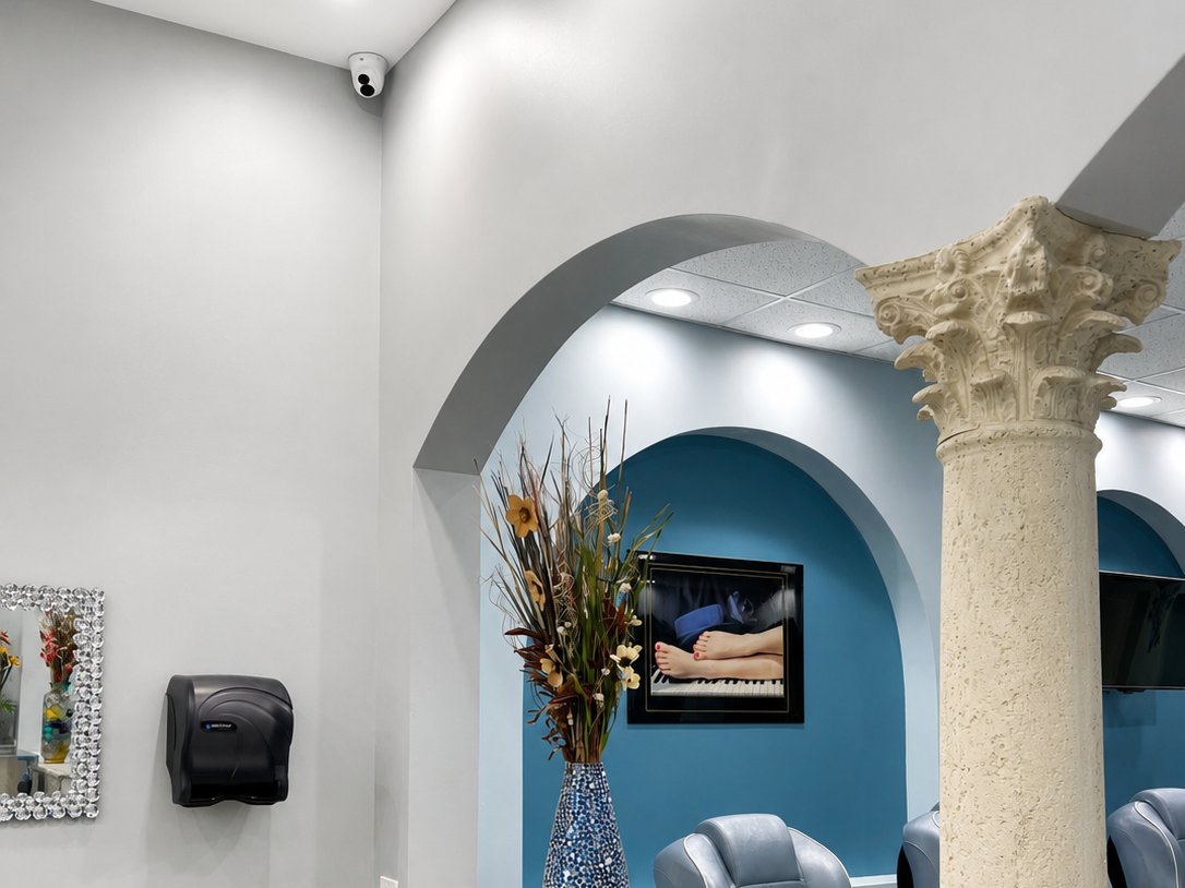 Security camera installed in an upscale South Florida salon with arched interior